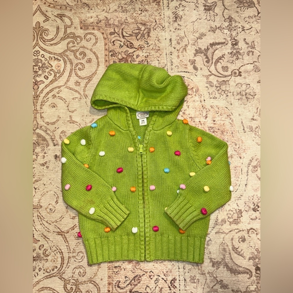 Talbot Kids Girls Green Zip Up Hooded Sweater w/ Multicolor Pom Poms (Size 24M)